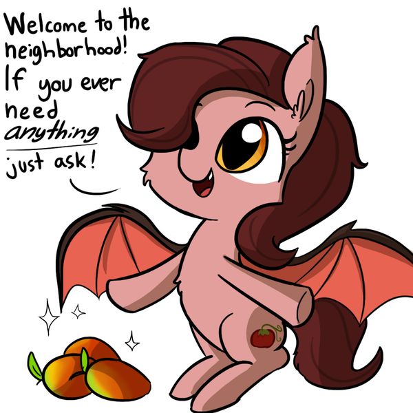 Size: 1080x1080 | Tagged: safe, artist:tjpones, derpibooru import, oc, unofficial characters only, bat pony, pony, cheek fluff, chest fluff, cute, dialogue, fangs, female, food, hair over one eye, looking up, mango, mare, ocbetes, open mouth, simple background, sitting, smiling, solo, sparkles, spread wings, text, tomato, underhoof, white background, wings