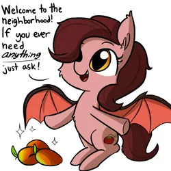 Size: 1080x1080 | Tagged: safe, artist:tjpones, derpibooru import, oc, unofficial characters only, bat pony, pony, cheek fluff, chest fluff, cute, dialogue, fangs, female, food, hair over one eye, looking up, mango, mare, ocbetes, open mouth, simple background, sitting, smiling, solo, sparkles, spread wings, text, tomato, underhoof, white background, wings