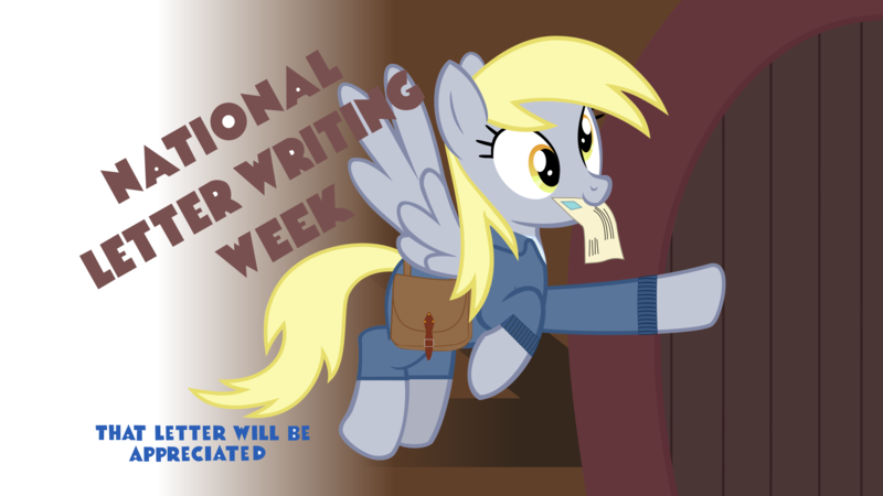 Size: 1920x1080 | Tagged: safe, artist:thewastelandtrader, derpibooru import, derpy hooves, ditzy doo, pegasus, pony, fallout equestria, gradient background, letter, mailbag, mailmare, outfit, saddle bag, solo, text