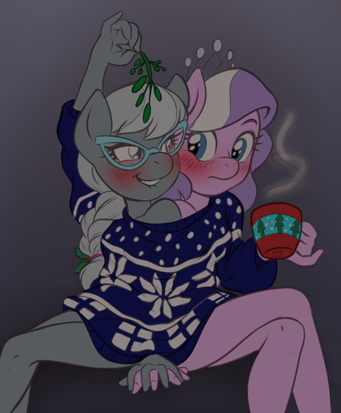 Size: 825x1000 | Tagged: adorabullies, anthro, artist:shaxbert, blushing, christmas, clothes, colored, crossed legs, cute, derpibooru import, diamondbetes, diamond tiara, drink, edit, female, get along shirt, glasses, hearth's warming, holding hands, holly, lesbian, lip bite, mistletoe, mug, pinky out, shared clothing, shipping, silverbetes, silver spoon, silvertiara, suggestive, sweater, useless source url