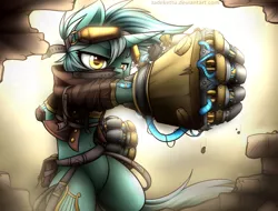 Size: 1024x778 | Tagged: safe, artist:jadekettu, derpibooru import, lyra heartstrings, pony, semi-anthro, unicorn, belly button, bipedal, broken, clothes, colored pupils, fist, hand, mechanical hands, power fist, solo, that pony sure does love hands, wall