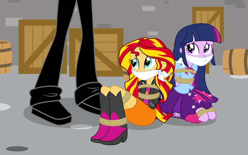 Size: 4800x3000 | Tagged: questionable, artist:songokussjsannin8000, derpibooru import, sunset shimmer, twilight sparkle, oc, human, equestria girls, absurd resolution, bondage, boots, cloth gag, clothes, equestria girls-ified, gag, high heel boots, jacket, kidnapped, leather jacket, leg warmers, pants, pleated skirt, ropes, shoes, show accurate, sitting, size difference, skirt, tied up