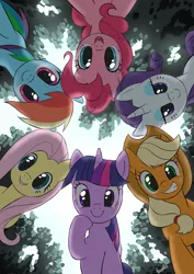 Size: 1191x1684 | Tagged: safe, artist:miku sky, derpibooru import, applejack, fluttershy, pinkie pie, rainbow dash, rarity, twilight sparkle, earth pony, pegasus, pony, unicorn, :t, c:, cute, dashabetes, diapinkes, female, forest, grin, jackabetes, lidded eyes, looking at you, looking down, mane six, mare, offscreen character, open mouth, pov, raribetes, shyabetes, smiling, twiabetes, unicorn twilight, upside down
