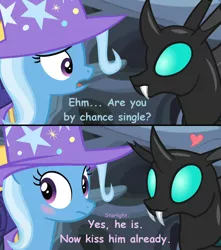 Size: 1280x1445 | Tagged: safe, derpibooru import, edit, edited screencap, screencap, thorax, trixie, changeling, pony, unicorn, to where and back again, blushing, clothes, hat, heart, implied starlight glimmer, male, offscreen character, shipper on deck, shipping, starlight shipper, straight, thoraxie, trixie's hat