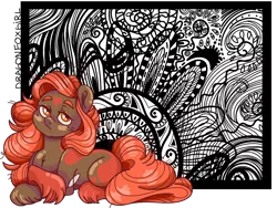 Size: 1280x960 | Tagged: safe, artist:dragonfoxgirl, derpibooru import, oc, unofficial characters only, earth pony, pony, looking at you, prone, solo, unshorn fetlocks, zentangle