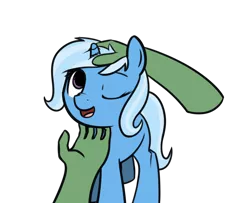 Size: 1138x926 | Tagged: safe, artist:neuro, derpibooru import, trixie, oc, oc:anon, human, pony, unicorn, chin scratch, cute, diatrixes, hand, human on pony petting, looking at you, one eye closed, petting, simple background, solo focus, transparent background