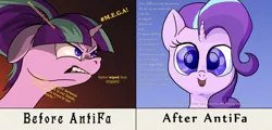 Size: 3750x1800 | Tagged: safe, artist:aaronmk, derpibooru import, starlight glimmer, pony, unicorn, angry, antifa, colored pupils, drama bait, floppy ears, happy, hashtag, looking at you, mouthpiece, op started shit, open mouth, politics, reaction image, solo, text