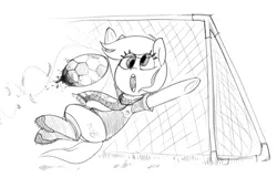 Size: 1231x838 | Tagged: safe, artist:whydomenhavenipples, derpibooru import, derpy hooves, pegasus, pony, 4chan cup, 4chan cup scarf, clothes, female, football, goalkeeper, mare, monochrome, safest hooves, scarf, solo, this will end in pain