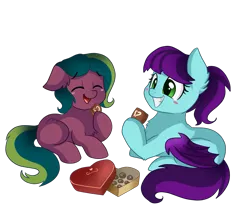 Size: 1791x1557 | Tagged: safe, artist:pridark, derpibooru import, oc, unofficial characters only, bat pony, earth pony, pony, box of chocolates, chest fluff, chocolate, commission, cute, duo, ear fluff, eyes closed, food, heart shaped box, hoof hold, open mouth, simple background, transparent background