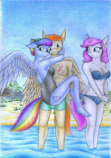 Size: 1637x2329 | Tagged: safe, artist:sinaherib, derpibooru import, oc, oc:amber earring, oc:rainfall, oc:summer wind, unofficial characters only, anthro, pegasus, plantigrade anthro, unicorn, beach, bikini, clothes, female, male, mare, ocean, offspring, one-piece swimsuit, open-back swimsuit, parent:big macintosh, parent:fancypants, parent:fluttershy, parent:rainbow dash, parent:rarity, parent:soarin', parents:fluttermac, parents:raripants, parents:soarindash, partial nudity, stallion, swimsuit, topless, traditional art, water