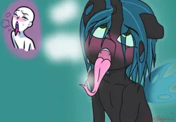 Size: 919x640 | Tagged: suggestive, artist:lefthighkick, derpibooru import, queen chrysalis, changeling, ahegao, ahego meme, bare chest, clothes, expressions, femboy, long tongue, male, open mouth, partial nudity, rule 63, tongue out, topless