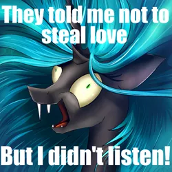 Size: 945x945 | Tagged: artist:flamevulture17, broken tooth, changeling, changeling queen, crazy face, derp, derpibooru import, edit, editor:watermelon changeling, exploitable meme, faic, female, i didn't listen, image macro, laughing, meme, queen chrysalis, safe, shrunken pupils, solo