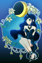 Size: 800x1200 | Tagged: anklet, artist:lezzette, barefoot, blushing, choker, clothes, colored pupils, cute, derpibooru import, dress, feet, flower, frown, human, humanized, jewelry, necklace, princess luna, safe, sitting, solo