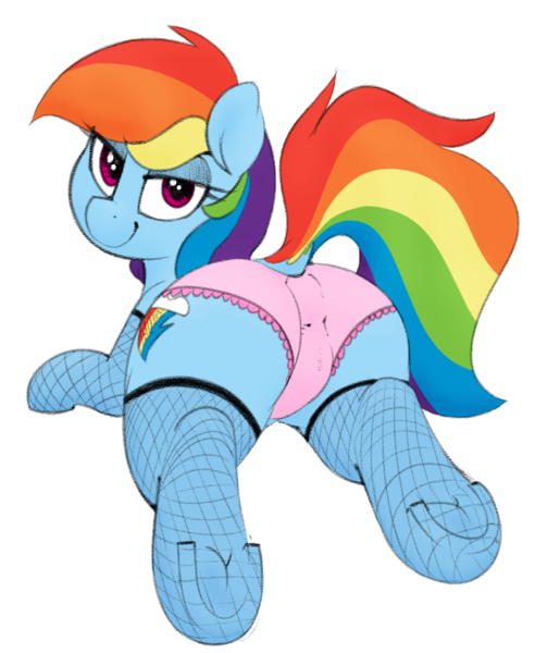 Size: 1101x1344 | Tagged: questionable, artist:whydomenhavenipples, color edit, derpibooru import, edit, rainbow dash, pony, bedroom eyes, clothes, colored, dock, female, fishnets, frilly underwear, looking at you, looking back, panties, pink underwear, plot, presenting, prone, rainbow dash always dresses in style, rainbutt dash, simple background, sketch, solo, solo female, sploot, transparent background, underhoof, underwear