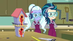 Size: 1280x720 | Tagged: safe, derpibooru import, screencap, indigo zap, sugarcoat, equestria girls, friendship games, bird house, goggles, overalls, saw