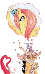 Size: 477x774 | Tagged: safe, artist:praysforaprankster, derpibooru import, discord, fluttershy, butterfly, cute, discoshy, discute, heart, lidded eyes, male, shipping, shyabetes, simple background, straight, thought bubble, white background