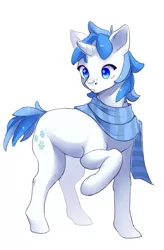 Size: 1251x1903 | Tagged: safe, artist:hoatzzin, derpibooru import, oc, oc:winter nights, unofficial characters only, pony, unicorn, blue eyes, blue mane, blue tail, clothes, cutie mark, digital art, female, hooves, mane, messy mane, messy tail, scarf, shading, short mane, short tail, snow, snowflake, solo, spiky mane, spiky tail, tail