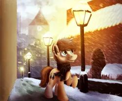 Size: 1200x1000 | Tagged: safe, artist:misiekpl, derpibooru import, oc, unofficial characters only, pony, unicorn, building, city, clothes, commission, lamppost, male, scarf, scenery, snow, snowfall, solo
