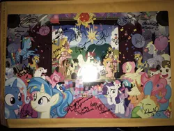 Size: 1200x900 | Tagged: safe, artist:andypriceart, artist:katiecandraw, artist:pixelkitties, derpibooru import, allie way, applejack, big macintosh, bon bon, bulk biceps, carrot cake, cheerilee, cloudchaser, cup cake, derpy hooves, fluttershy, lyra heartstrings, pinkie pie, pound cake, pumpkin cake, queen chrysalis, rainbow dash, rarity, roseluck, sweetie drops, tank, trixie, twilight sparkle, vinyl scratch, wild fire, oc, oc:fausticorn, alicorn, pony, alley way, andy price, ashleigh ball, autograph, balloon, cathy weseluck, confetti, flying, irl, jayson thiessen, katie cook, lauren faust, lee tockar, male, mane six, michelle creber, moon, nicole oliver, photo, plushie, ponycon, ponyville, poster, royal guard, sibsy, stage, tara strong, wall of tags