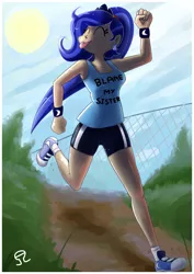 Size: 1600x2263 | Tagged: safe, artist:alvh-omega, derpibooru import, princess luna, human, blame my sister, clothes, converse, fence, humanized, magic shirt, running, shoes, sneakers, solo, sports shorts, sweatband, tanktop, tongue out