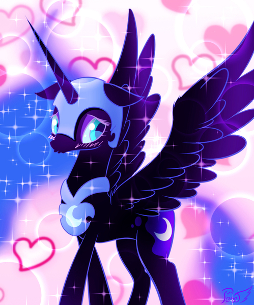 Size: 781x939 | Tagged: safe, artist:phoenixperegrine, derpibooru import, nightmare moon, alicorn, pony, blushing, cute, floppy ears, heart, moonabetes, nicemare moon, shy, solo, sparkles, spread wings, wings