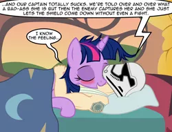 Size: 2884x2202 | Tagged: suggestive, artist:badumsquish, derpibooru import, twilight sparkle, twilight sparkle (alicorn), alicorn, human, pony, afterglow, aftersex, bandage, bed, blanket, blushing, complaining, crack shipping, crossover, crossover shipping, cuddling, dialogue, eyes closed, first order, fn-2199, golden oaks library, happy, helmet, human on pony snuggling, implied captain phasma, implied shining armor, male, messy mane, morning ponies, muscles, nudity, pillow, shipping, snuggling, spoilers for another series, star wars, star wars: the force awakens, stormtrooper, straight, sunrise, take that, tattoo, the force awakens, tr-8r, tw-8r, twaitor