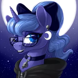 Size: 900x900 | Tagged: safe, artist:pusspuss, derpibooru import, princess luna, alicorn, pony, bow, braces, choker, clothes, ear piercing, earring, freckles, glasses, goth, hoodie, jewelry, lipstick, looking at you, moon, night, night sky, one eye closed, patreon, patreon logo, piercing, ponytail, s1 luna, skull, smiling, solo, stars, teenager, wink