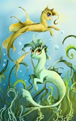 Size: 800x1280 | Tagged: artist needed, derpibooru import, duo, lyra heartstrings, merpony, my little brony risovach, oc, safe, seaweed, smiling, underwater