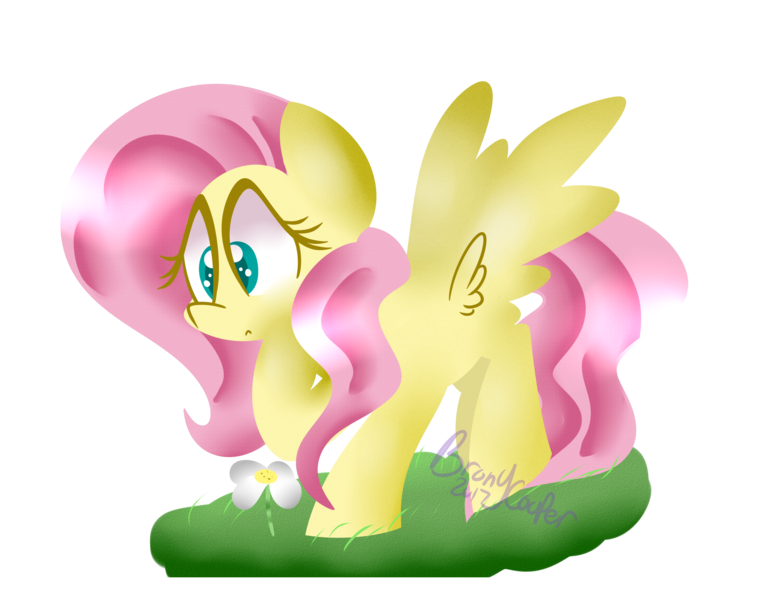 Size: 2329x1827 | Tagged: safe, artist:lynchristina, derpibooru import, fluttershy, pegasus, pony, colored pupils, flower, grass, hoof on chin, lineless, looking at something, looking down, signature, simple background, solo, spread wings, transparent background