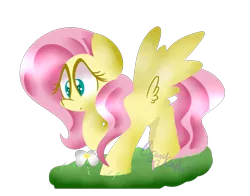 Size: 2329x1827 | Tagged: safe, artist:lynchristina, derpibooru import, fluttershy, pegasus, pony, colored pupils, flower, grass, hoof on chin, lineless, looking at something, looking down, signature, simple background, solo, spread wings, transparent background