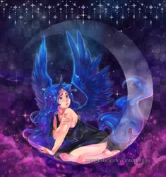 Size: 3000x3189 | Tagged: artist:marejestic, barefoot, clothes, crying, derpibooru import, dress, horned humanization, human, humanized, kneeling, moon, princess luna, safe, solo, stars, tailed humanization, tangible heavenly object, winged humanization, wings