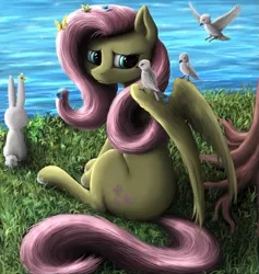 Size: 2057x2172 | Tagged: safe, artist:vladimir-olegovych, derpibooru import, angel bunny, fluttershy, bird, pegasus, pony, grass, looking back, sitting, smiling, water