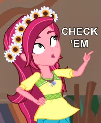 Size: 885x1080 | Tagged: safe, derpibooru import, edit, edited screencap, screencap, gloriosa daisy, equestria girls, legend of everfree, check em, female, lips, looking up, pointing, reaction image, solo