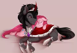 Size: 1280x877 | Tagged: safe, artist:evehly, derpibooru import, king sombra, pinkie pie, earth pony, pony, unicorn, armor, cape, clothes, colored horn, crack shipping, cuddling, curved horn, fangs, female, floppy ears, horn, lidded eyes, male, mare, pinkamena diane pie, prone, shipping, snuggling, sombra's horn, sombrapie, stallion, straight