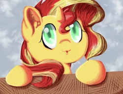Size: 2480x1903 | Tagged: safe, artist:kenishra, derpibooru import, sunset shimmer, pony, unicorn, :o, :p, cute, ear fluff, filly, filly sunset shimmer, looking at you, raspberry, shimmerbetes, silly, solo, tongue out, younger