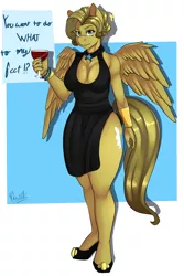 Size: 2000x3000 | Tagged: abstract background, alcohol, anthro, artist:artsenravenbrave, bracelet, breasts, cleavage, clothes, derpibooru import, dialogue, dress, female, glass, implied foot fetish, jewelry, looking at you, mare, nail polish, oc, oc:escuda, offscreen character, pegasus, plantigrade anthro, shoes, side slit, solo, solo female, spread wings, suggestive, unofficial characters only, wine