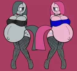 Size: 1132x1041 | Tagged: anthro, artist:funble, artist:jacalope, belly, belly button, big belly, big breasts, blushing, breasts, busty marble pie, busty pinkie pie, choker, derpibooru import, edit, female, fishnets, marble pie, mirrored, nipple outline, pie sisters, pinkamena diane pie, pinkie pie, pinkmarble, preggy pie, pregnant, siblings, sisters, suggestive, twins, unguligrade anthro