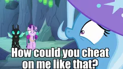 Size: 1280x720 | Tagged: safe, derpibooru import, edit, edited screencap, screencap, starlight glimmer, thorax, trixie, changeling, pony, unicorn, to where and back again, caption, clothes, female, glimax, hat, image macro, implied startrix, infidelity, male, mare, meme, shipping, straight, trixie yells at everything, trixie's hat