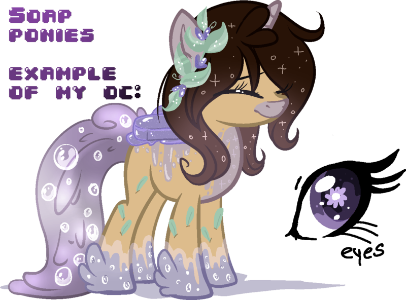 Size: 1379x1020 | Tagged: safe, artist:starchasesketches, derpibooru import, oc, oc:melany, unofficial characters only, original species, soap pony, base used, flower, flower in hair, lavender, reference sheet, simple background, soap, soap bubble, solo, starry eyes, transparent background, wingding eyes
