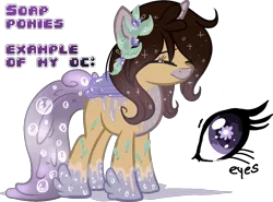 Size: 1379x1020 | Tagged: safe, artist:starchasesketches, derpibooru import, oc, oc:melany, unofficial characters only, original species, soap pony, base used, flower, flower in hair, lavender, reference sheet, simple background, soap, soap bubble, solo, starry eyes, transparent background, wingding eyes