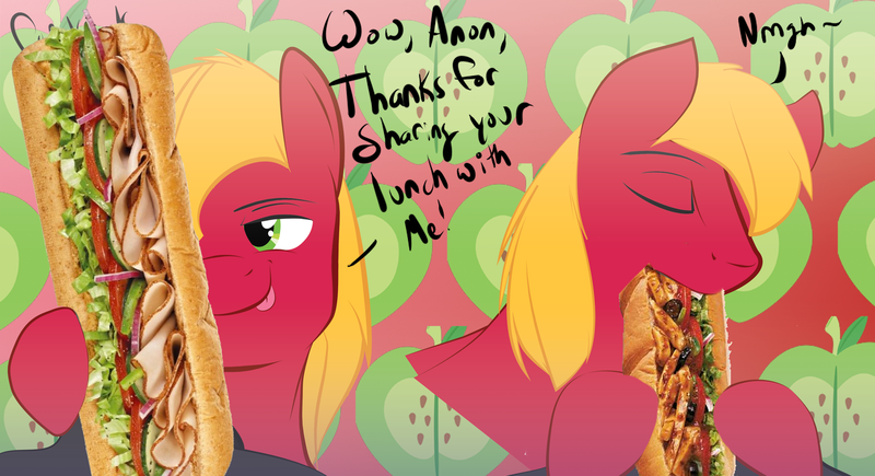Size: 1274x692 | Tagged: questionable, artist:sidekick, derpibooru import, big macintosh, oc, oc:anon, earth pony, pony, dialogue, eating, food, licking, licking lips, lidded eyes, male, not porn, sandwich, sandwich censorship, solo, solo male, stallion, suggestive eating, tongue out