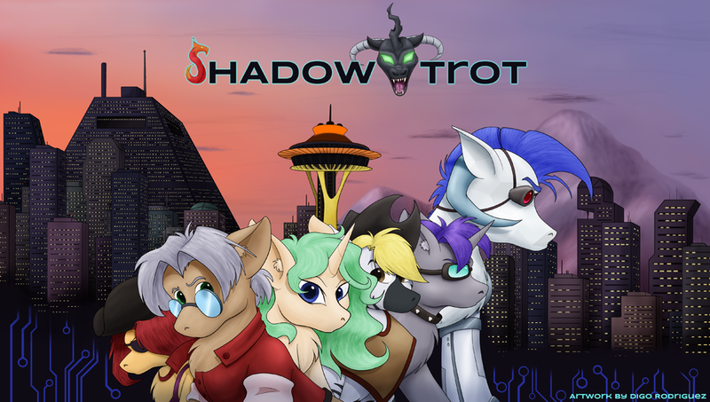 Size: 1024x580 | Tagged: safe, artist:digoraccoon, derpibooru import, oc, unofficial characters only, earth pony, pony, unicorn, zebra, fanfic:shadowtrot, building, clothes, eyepatch, glasses, goggles, group, hat, las vegas