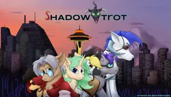 Size: 1024x580 | Tagged: safe, artist:digoraccoon, derpibooru import, oc, unofficial characters only, earth pony, pony, unicorn, zebra, fanfic:shadowtrot, building, clothes, eyepatch, glasses, goggles, group, hat, las vegas