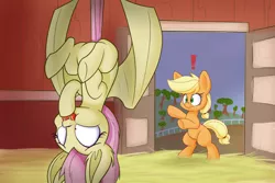 Size: 1280x853 | Tagged: safe, artist:heir-of-rick, derpibooru import, applejack, fluttershy, bat pony, earth pony, pony, daily apple pony, barn, bipedal, caught, cute, exclamation point, flutterbat, jackabetes, race swap, shyabates, shyabetes, sweat, younger