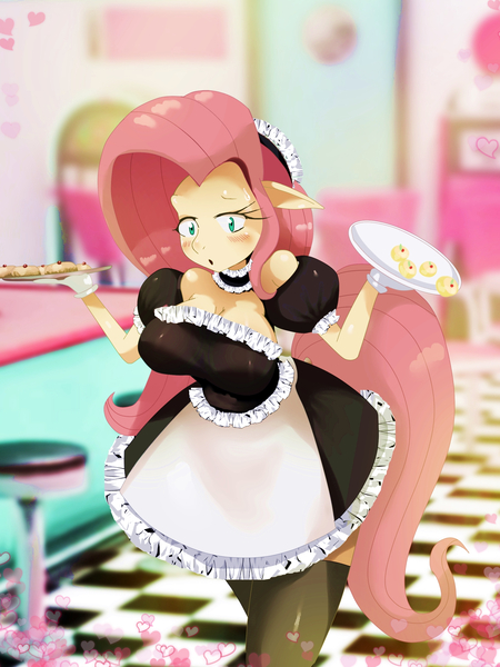 Size: 1588x2116 | Tagged: anthro, artist:traupa, bakery, big breasts, blushing, breasts, busty fluttershy, choker, clothes, clumsy, derpibooru import, dessert, dress, female, fluttermaid, fluttershy, food, maid, oops, socks, solo, solo female, stockings, suggestive, thigh highs, tray, waitress