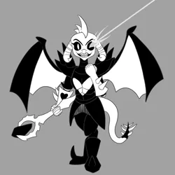 Size: 1500x1500 | Tagged: artist:midnight-wizard, bloodstone scepter, clothes, cosplay, costume, derpibooru import, dragon, dragon lord ember, glowing eyes, monochrome, princess ember, safe, solo, undertale, undyne, undyne the undying