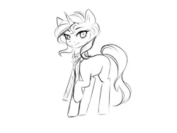 Size: 1600x1200 | Tagged: safe, artist:sugarberry, derpibooru import, sunset shimmer, pony, unicorn, black and white, clothes, commission, grayscale, lidded eyes, looking at you, missing cutie mark, monochrome, raised hoof, scarf, simple background, sketch, smiling, solo, white background, wip