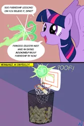 Size: 853x1280 | Tagged: safe, artist:nuka-kitty, derpibooru import, twilight sparkle, twilight sparkle (alicorn), alicorn, pony, fire, fire breath, friendship lesson, funny, implied spike, letter, teleportation, trash can