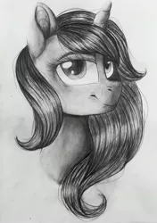Size: 2179x3102 | Tagged: safe, artist:elskafox, derpibooru import, oc, oc:inkjoy, unofficial characters only, pony, unicorn, bust, grayscale, monochrome, portrait, solo, traditional art