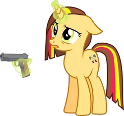 Size: 5690x5320 | Tagged: semi-grimdark, artist:peahead, derpibooru import, oc, oc:cherry lights, unofficial characters only, pony, unicorn, absurd resolution, cutie mark, green magic, gun, handgun, levitation, m1911, magic, pistol, show accurate, simple background, solo, telekinesis, transparent background, vector, weapon, worried